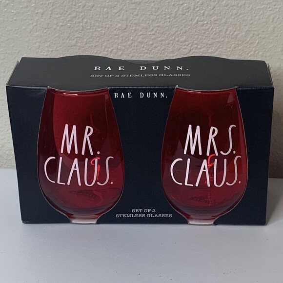 Rae Dunn Mr. & Mrs. Claus Red Stemless Glasses Wine Set Of 2 New In Box 22oz - Picture 1 of 4